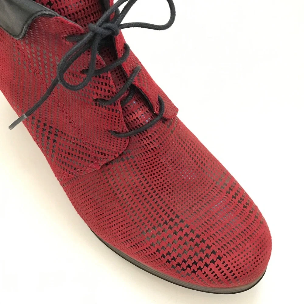 WOLKY Suede Lace-Up Booties Red Black Jacquerie Heeled Boots Women’s Size 9.5